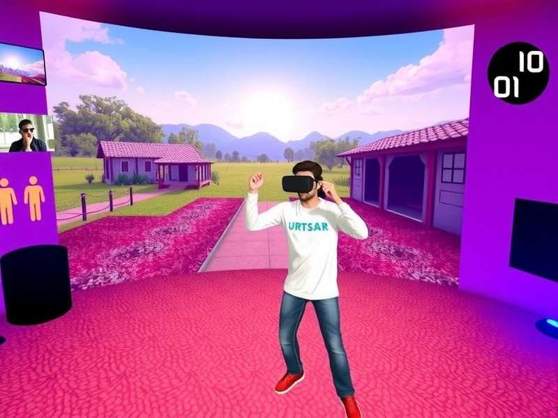 VR Bollywood Groove gameplay showing a player wearing VR headset performing Bhangra moves in front of a virtual Punjabi village backdrop