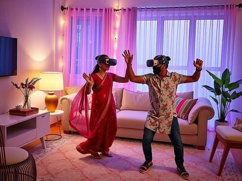 Indian family enjoying VR Bollywood Groove together in their living room, with parents and children wearing VR headsets and dancing